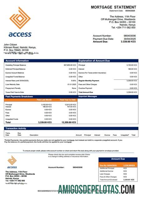 imprimível Modelo Word e PDF de extrato de hipoteca do Kenya Access Bank